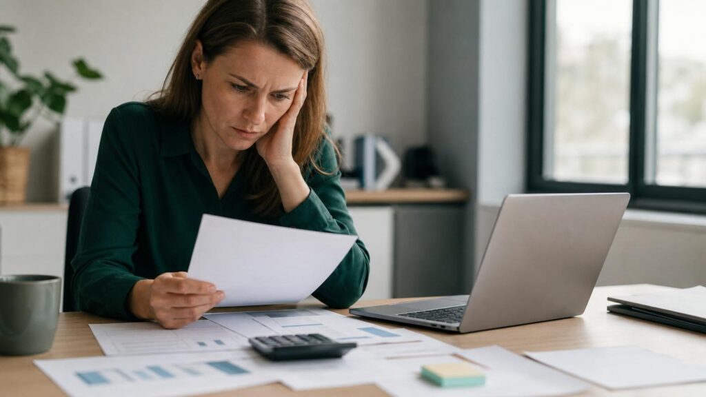 Stressed woman at an office desk looking concerned while reviewing financial documents and charts next to a laptop and calculator.